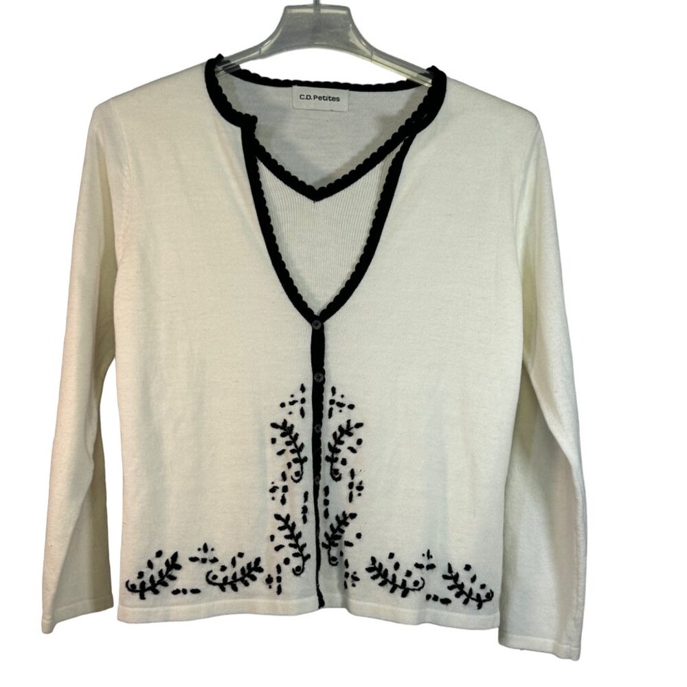 C.D. Petites Size Small Embroidered Faux Cardigan Sweater Pullover Top